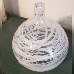 Handblown Mid-Century Modern Glass Art Deco White Swirl Teardrop Round Vase
